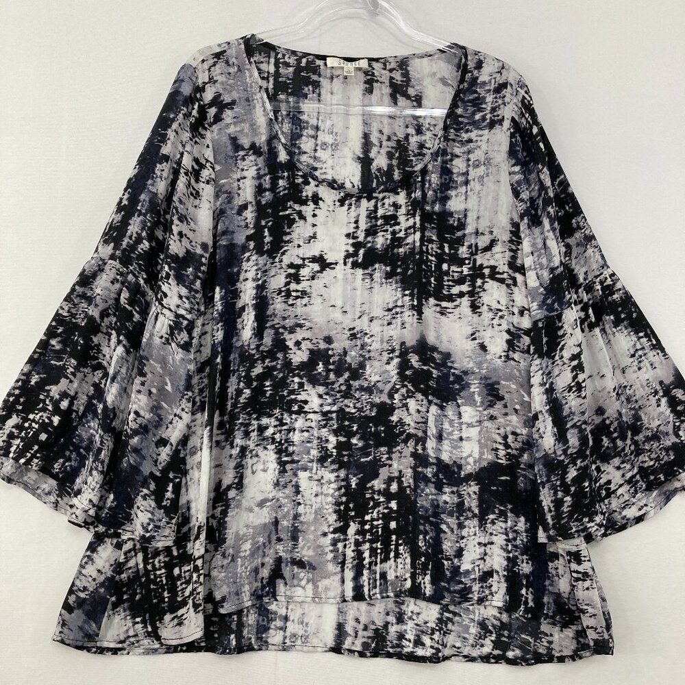 Spense size XL Gray Black Abstract Flare Sleeve Popover Blouse Office Career